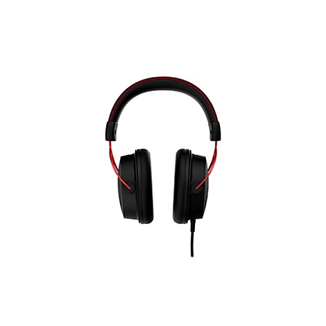 Casque de jeu noir avec surpiqûres rouges et accents rouges. Connexion filaire.