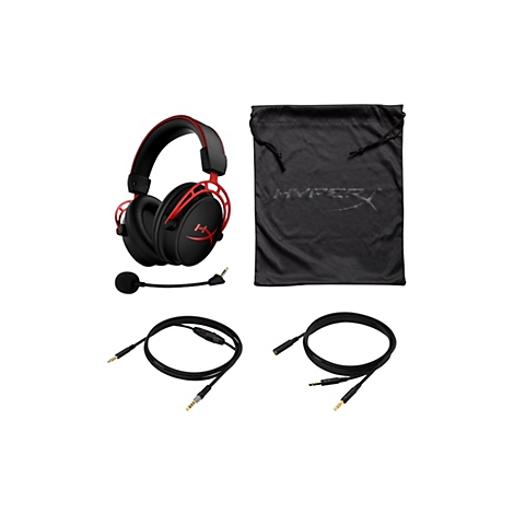 Casque de jeu noir et rouge avec accessoires sur fond blanc. Les accessoires comprennent un microphone, des câbles et un sac avec logo.