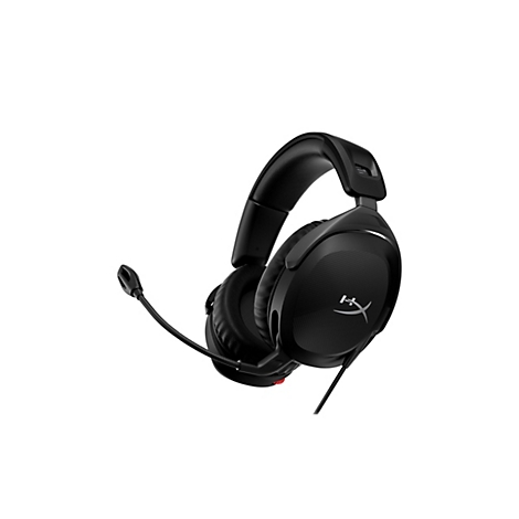 Casque de jeu noir sur fond blanc, bras de microphone, logo HyperX.