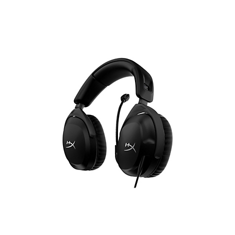 Casque de jeu noir avec microphone sur fond blanc. Le casque porte le logo "HX" sur les oreillettes.