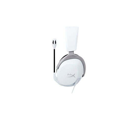 Casque de jeu blanc avec microphone sur fond blanc. Le serre-tête, les oreillettes et le microphone sont blancs, avec un accent gris. Le microphone est noir.