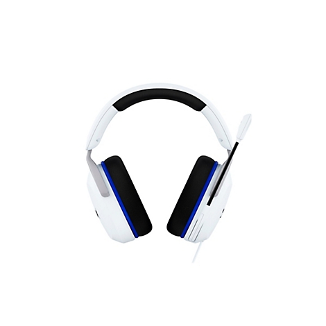 Casque de jeu blanc avec des accents bleus, un bandeau noir et un microphone, sur un fond blanc.