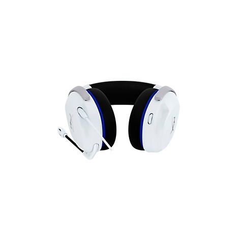 Casque de jeu blanc avec accent bleu, microphone et logo, sur fond blanc.