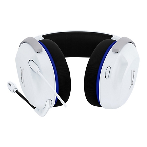Casque de jeu blanc avec accent bleu, microphone et accents gris argenté. Il y a un logo argenté sur l'écouteur.