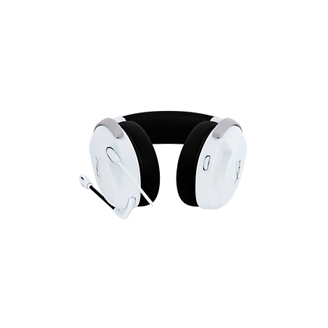 Casque blanc avec microphone sur fond blanc.