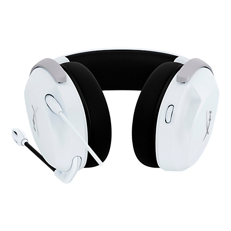 Casque de jeu blanc avec écouteur noir et microphone.