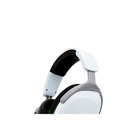 Gros plan d'un casque de jeu blanc avec des accents gris. L'arceau est rembourré de matière noire.