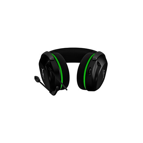 Casque de jeu noir avec des accents verts, un microphone et le logo HyperX, sur fond blanc.