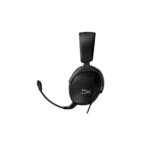 Casque de jeu noir avec microphone sur fond blanc. Le casque affiche le logo HyperX.