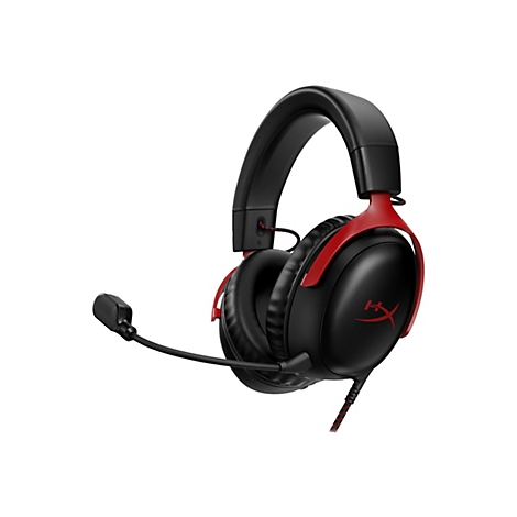 Schwarzes Gaming-Headset mit roter Akzentuierung und Mikrofon auf weißem Hintergrund.