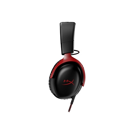 Schwarzes Gaming-Headset mit roten Akzenten, Logo und Kabel.