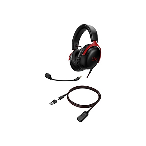 Schwarzes Gaming-Headset mit roten Akzenten und abnehmbarem Mikrofon. Enthalten sind ein USB-Kabel und ein Steuerungsteil.