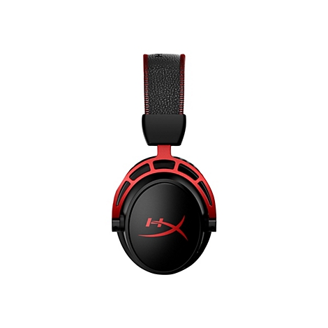 Schwarzer Kopfhörer mit rotem Akzent, HyperX Logo. Aufhängung mit roter Naht.