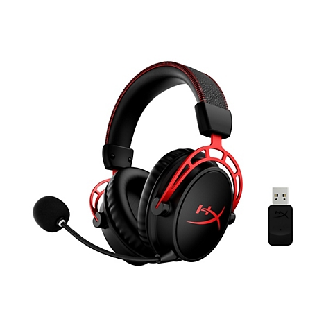 Schwarzes Headset mit roter Umrandung und Mikrofon, daneben ein USB-Dongle.