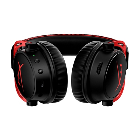 Schwarzes Gaming-Headset mit roten Akzenten. Auf den Ohrmuscheln ist ein rotes Logo zu sehen. Detailansicht auf weißem Hintergrund.