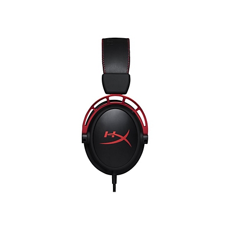 Schwarzes Headset mit roten Akzenten, HyperX Logo und Kabel.