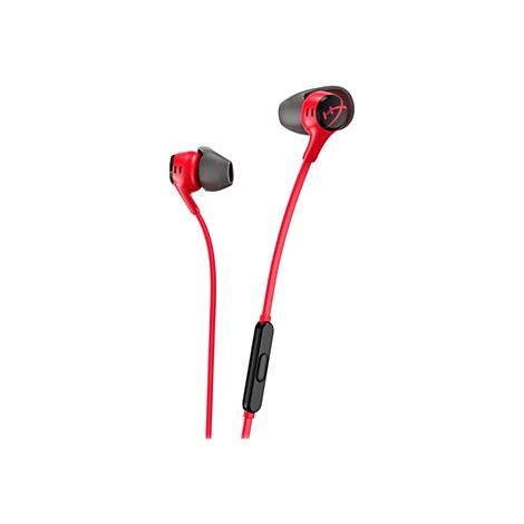 Rote In-Ear-Kopfhörer auf weißem Hintergrund. Auf den Ohreinsätzen ist ein rotes Logo zu sehen.