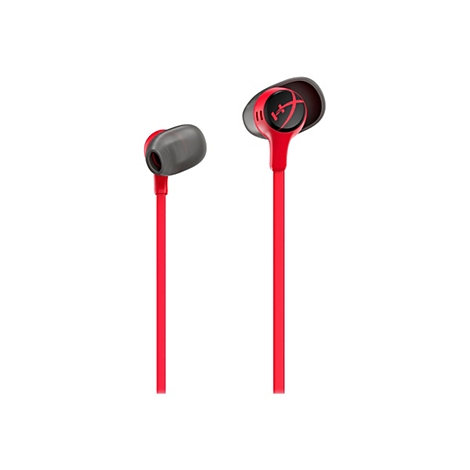 Zwei rote In-Ear-Kopfhörer vor weißem Hintergrund. Auf einem ist das HyperX-Logo sichtbar.
