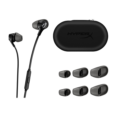 Schwarze In-Ear-Kopfhörer und Ladecase auf weißem Hintergrund. Zusätzliche Ohrstöpsel in verschiedenen Größen.