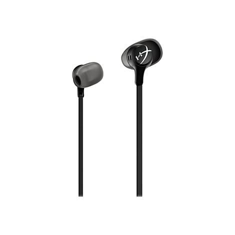 Zwei schwarze In-Ear-Kopfhörer mit grauen Ohrstöpseln, Kabeln und weißem HyperX-Logo auf weißem Hintergrund.