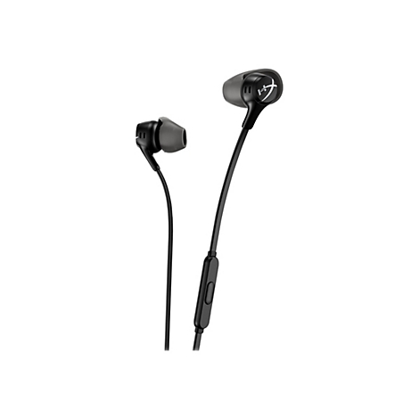Schwarze In-Ear-Kopfhörer mit HyperX-Logo und Kabel. Graue Ohrstöpsel, weißer Hintergrund.