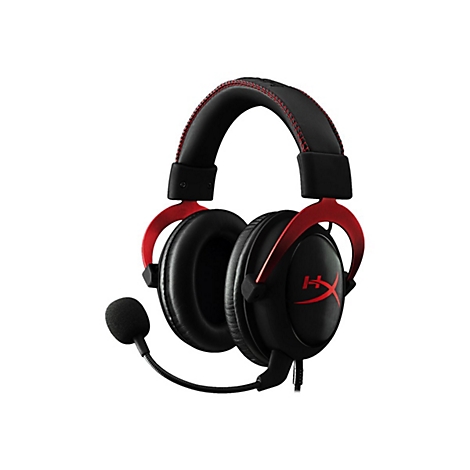 Schwarzes Gaming-Headset mit roten Akzenten und Mikrofon, vor weiÃŸem Hintergrund.
