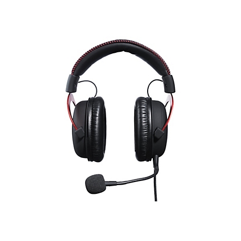 Schwarzes Gaming-Headset mit rotem Detail und Mikrofon vor weiÃŸem Hintergrund. Der KopfbÃ¼gel ist gepolstert.