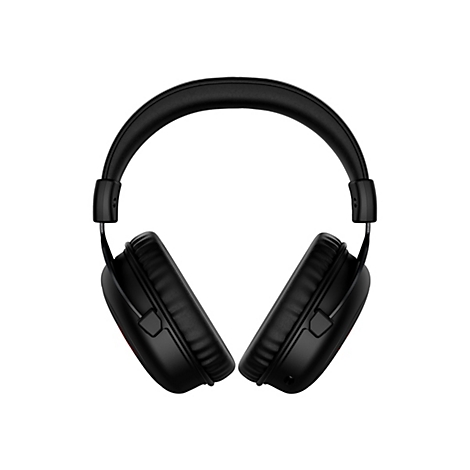 Casque noir, vue de face. Oreillettes rondes, bandeau rembourré, support métallique.