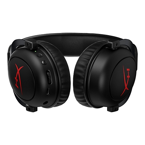 Schwarzer Over-Ear-Kopfhörer. Rotes Logo auf den Ohrmuscheln. Bedienelemente an der Seite.