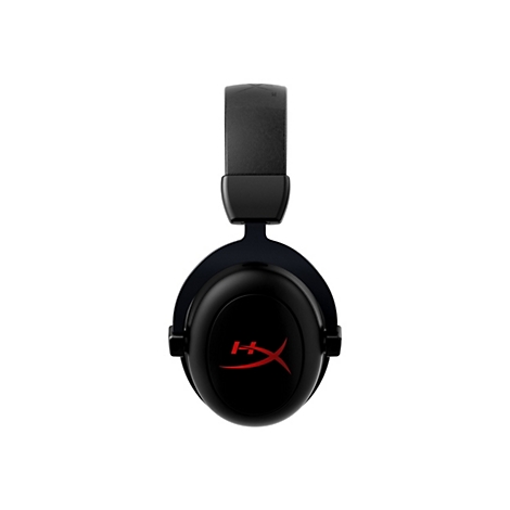 Casque noir avec logo HyperX rouge sur fond blanc. Le casque est vu de face.