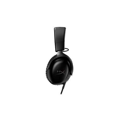 Casque de jeu noir sur fond blanc, avec logo HyperX.