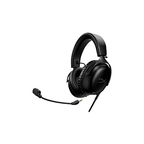 Casque noir avec microphone sur fond blanc.