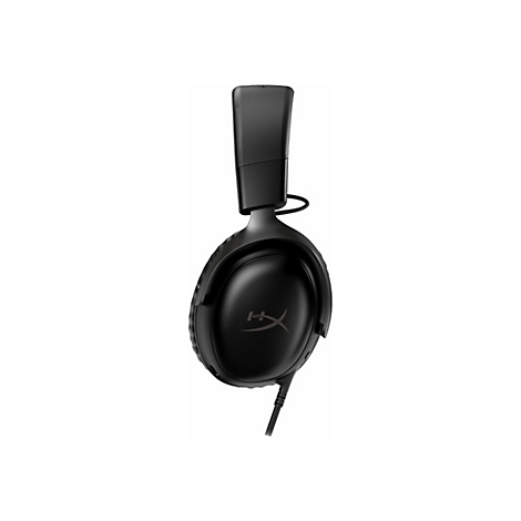 Schwarzes Gaming-Headset, Logo HyperX, Kabelanschluss.