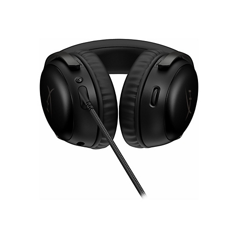 Schwarzes Gaming-Headset mit Stoffkabel, auf weiÃŸem Hintergrund. Links das HyperX Logo.