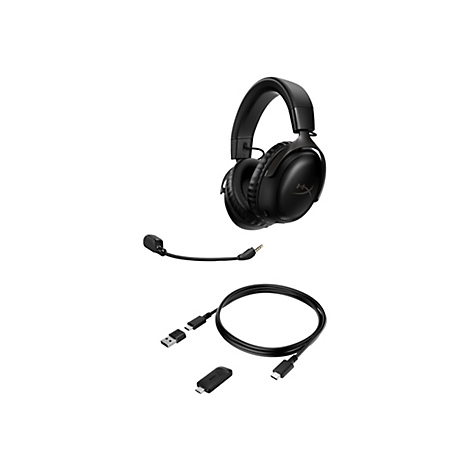 Schwarzes Gaming-Headset mit abnehmbaren Mikrofon, USB-Kabel, Adapter, auf weißem Hintergrund.