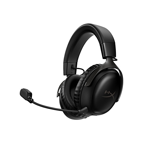 Schwarzes Gaming-Headset mit Mikrofon auf weißem Hintergrund. Das Headset hat gepolsterte Ohrmuscheln und einen verstellbaren Kopfbügel.