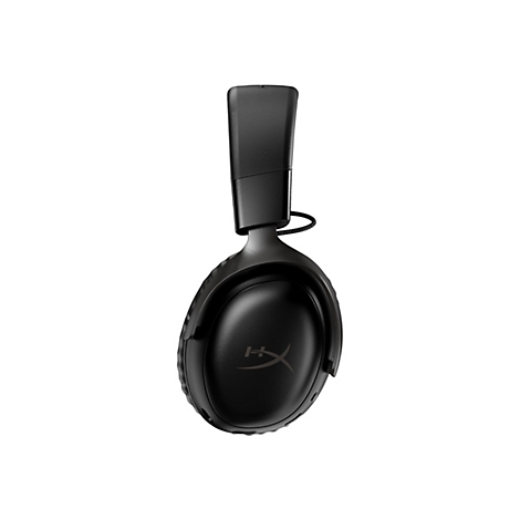 Schwarzer Kopfhörer mit HyperX-Logo. Kabel hängt von der Ohrmuschel zum Kopfbügel.