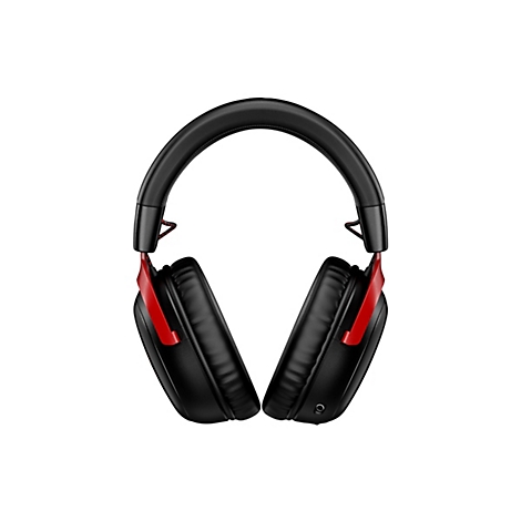 Casque circum-auriculaire noir avec des accents rouges, sur fond blanc.