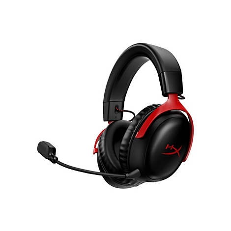 Casque noir avec une couleur d'accent rouge et un microphone, sur fond blanc.