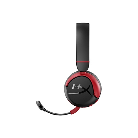 Schwarzes und rotes Headset mit Mikrofon, vor weißem Hintergrund. Das Headset hat das Logo "HyperX".