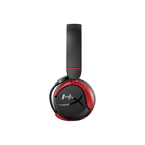Schwarzer und roter Kopfhörer, mit „HyperX“-Logo, Detailaufnahme.