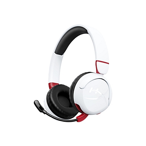 Weiß-rotes Gaming-Headset mit schwarzem Polster und Mikrofon. Auf dem linken Ohrhörer ist das HyperX-Logo zu sehen.