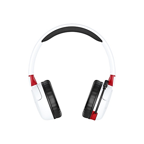 Weißes Headset mit roten Akzenten. Das Kopfband und die Ohrpolster sind schwarz.