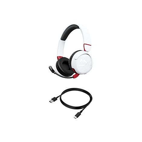 Weißes Gaming-Headset mit roter Akzentfarbe und schwarzem Mikrofon, darunter ein schwarzes USB-Kabel. Auf dem Headset ist das HyperX-Logo zu sehen.