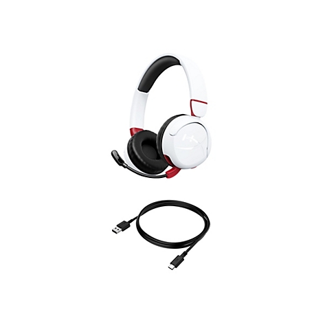 Weißes Gaming-Headset mit roter Akzentfarbe und schwarzem Mikrofon und Kabel auf weißem Hintergrund.