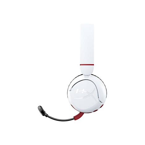Weißes Headset mit rotem Akzent und Mikrofon, vor weißem Hintergrund.
