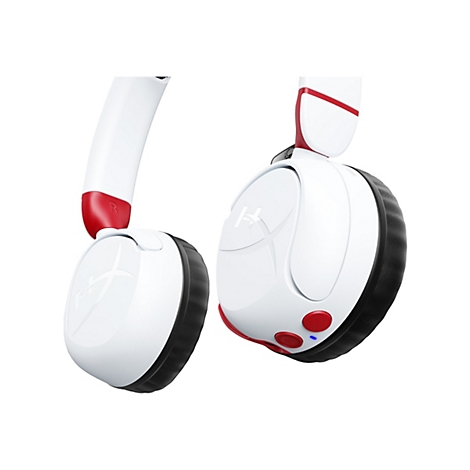 Weiß-rotes Gaming-Headset vor weißem Hintergrund. Auf den Ohrmuscheln sind das Logo und die Buchstaben „R“ abgebildet.