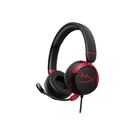 Schwarzes Gaming-Headset mit roten Akzenten und Mikrofon. Auf der Ohrmuschel ist ein rotes Logo.
