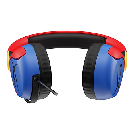 Blau-rot-gelbe Kopfhörer mit Mikrofon, schwarzer Bügel, rotes Oberteil, blaue Ohrmuscheln mit Logo.