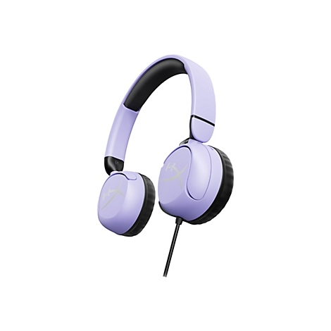 Casque audio violet clair avec oreillettes noires et un câble. L'arceau est rembourré. Il y a un logo sur les oreillettes.